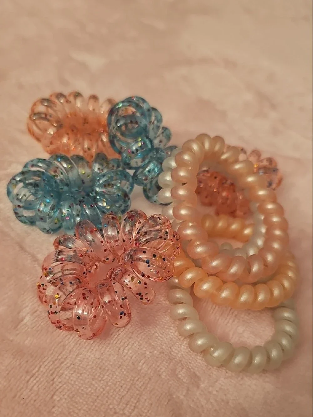 Assorted Spiral Hair Coils in Blue, Pink, Peach and Pearl